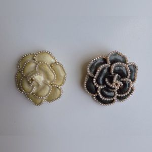 2 Black & White Camellia Flower Brooch